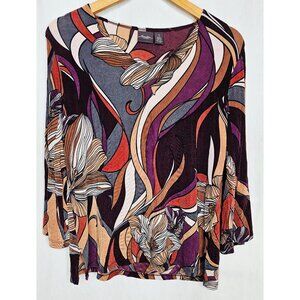 Chicos Travelers Abstract Floral Print Tunic Top Size 1 Multicolor Stretch Knit
